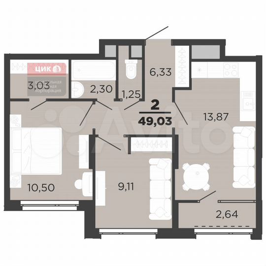 2-к. квартира, 49 м², 1/22 эт.