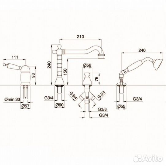 Смеситель на борт ванны Migliore Oxford 19154 хром/золото