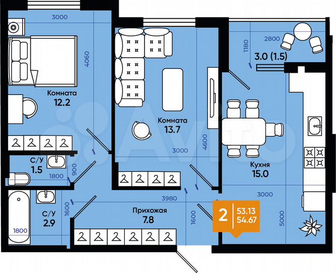 2-к. квартира, 54,7 м², 8/9 эт.
