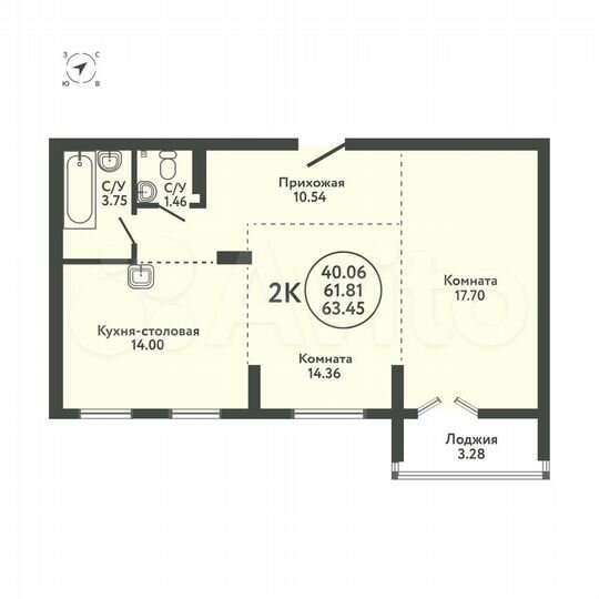 3-к. квартира, 63,5 м², 9/9 эт.
