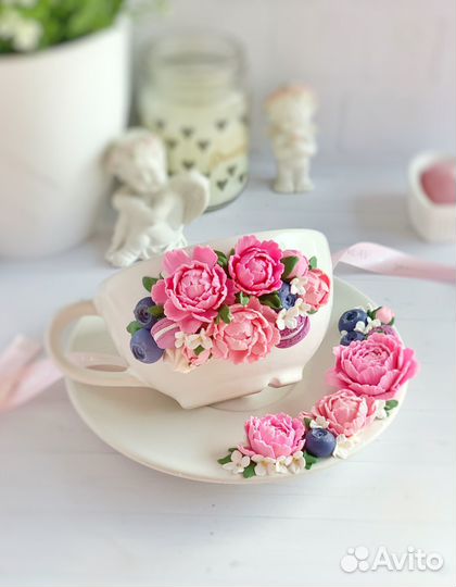 Чайная пара с декором из полимерной глины