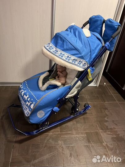Санки коляска на колесах с сумкой