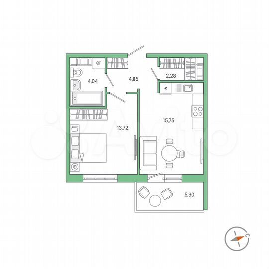 1-к. квартира, 42,2 м², 7/9 эт.