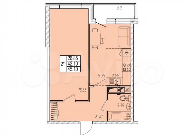 2-к. квартира, 45,1 м², 10/14 эт.