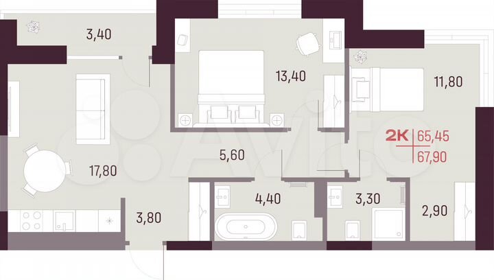 2-к. квартира, 65,5 м², 2/25 эт.