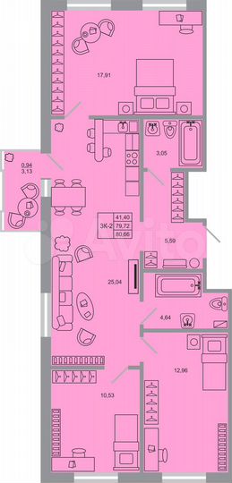 3-к. квартира, 80,7 м², 7/17 эт.