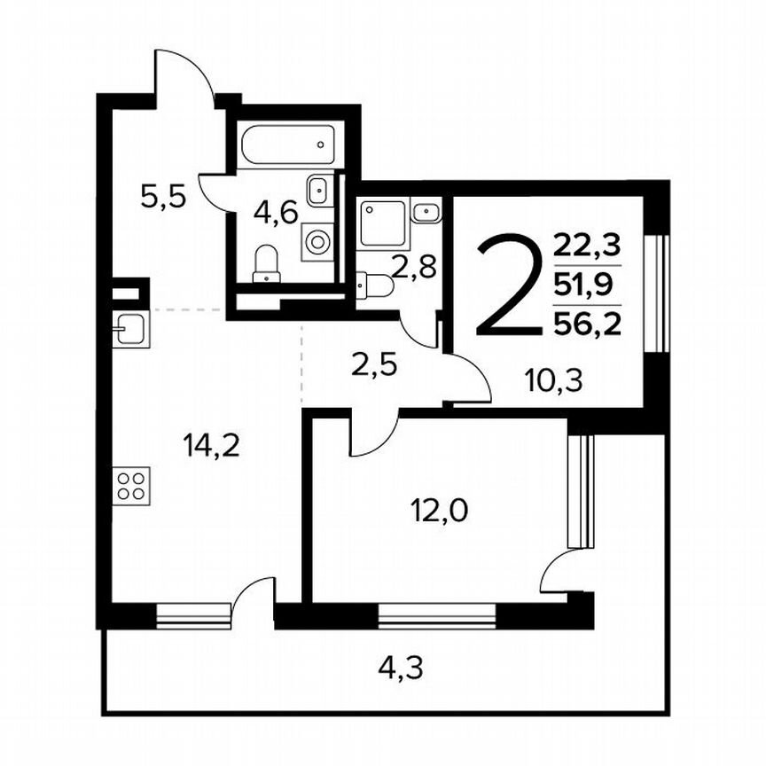 2-к. квартира, 56,2 м², 1/14 эт.