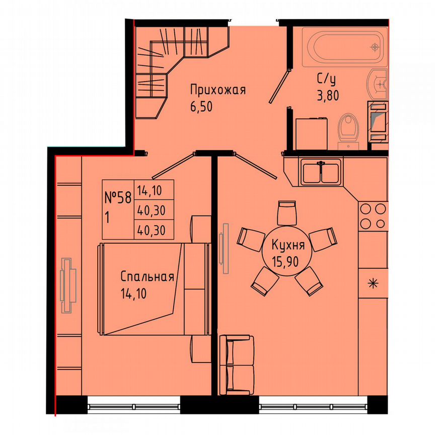 1-к. квартира, 40,3 м², 4/8 эт.