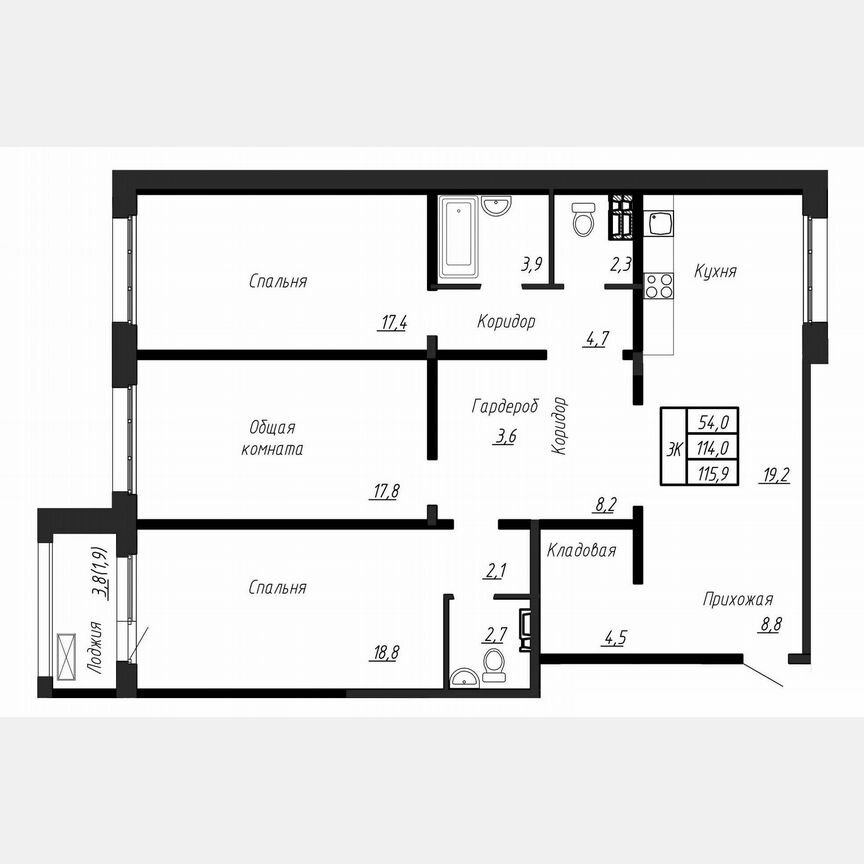3-к. квартира, 115,9 м², 2/17 эт.