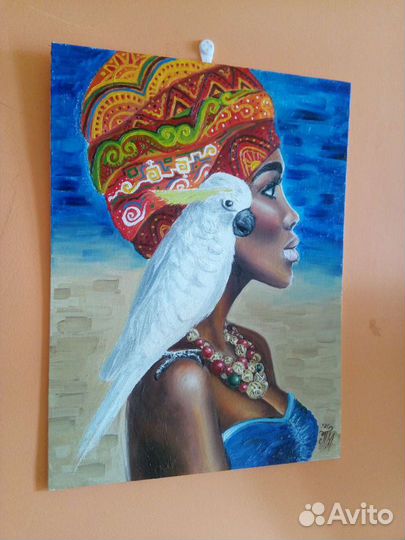 Женщина с белым попугаем картина маслом