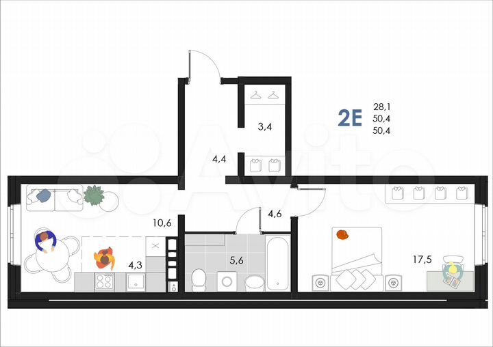 2-к. квартира, 50,4 м², 2/6 эт.
