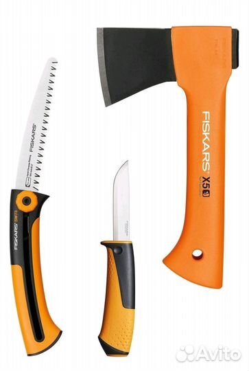 Новый тур набор Fiskars (топор, нож, пила)