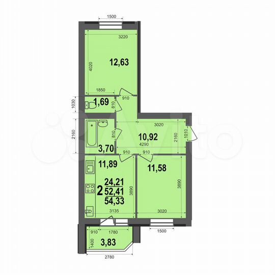 2-к. квартира, 54,3 м², 5/5 эт.