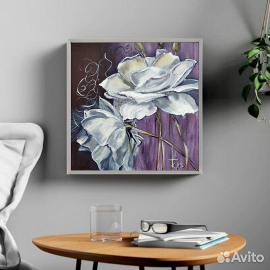 Картина Белые розы маслом на холсте авторская