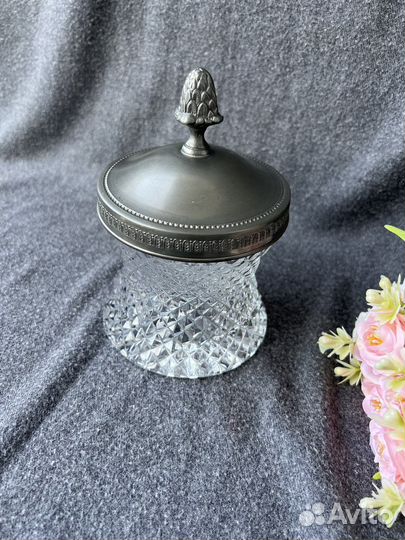 Ваза с крышкой, сахарница олово со стеклом