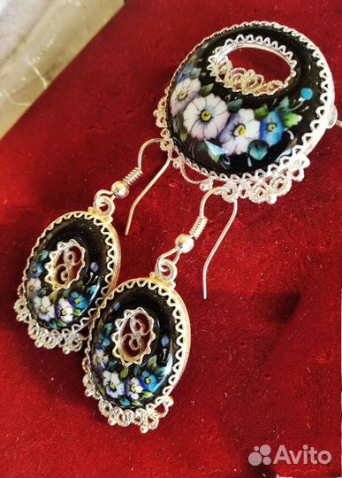 Финифть Комплект Гарнитур Брошь + Серьги Скань Ag