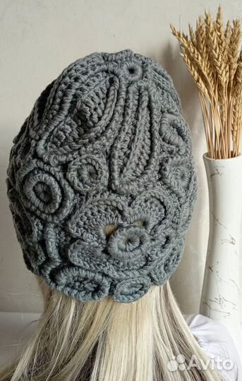 Шапка вязаная 100% шерсть ирландское кружево 54-56