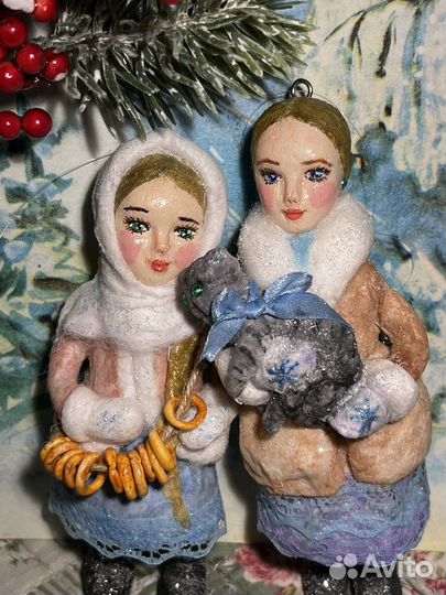 Ватные елочные игрушки ручной работы куколки