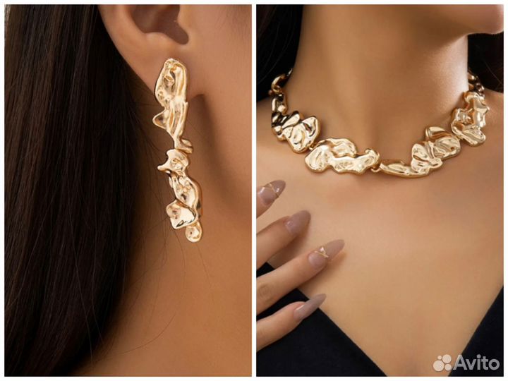 Серьги и колье мятое золото
