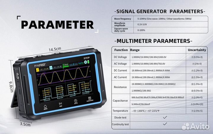 Осциллограф 2х канальный Fnirsi 2c53p + 2 Щупа