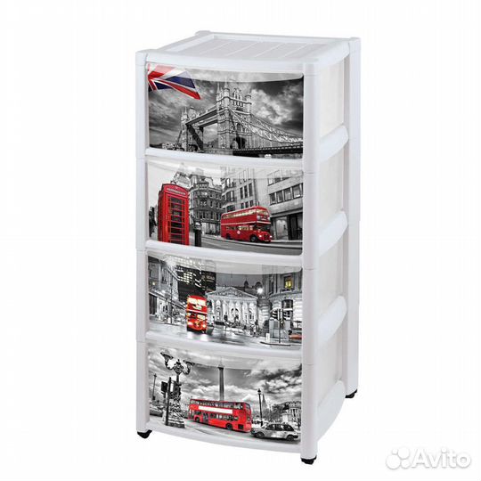 Комод на колесах С аппликацией 4 ящика (бесцветный