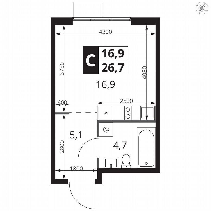 Квартира-студия, 26,7 м², 15/23 эт.