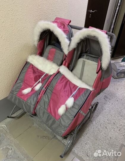 Двойные детские санки коляска с колесами