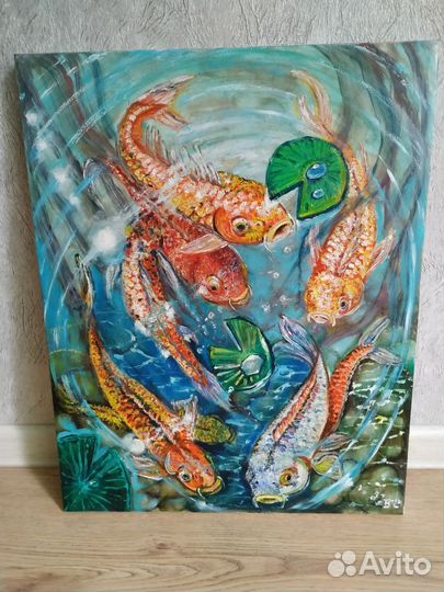 Картина маслом на холсте Карпы кои