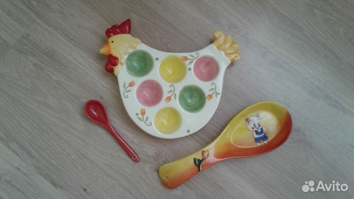 Пасхальная тарелка для яиц и ложки керамические