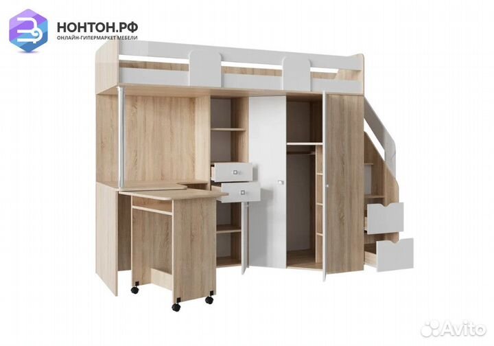 Кровать-чердак Мийа А дуб сонома светлый / белая ш