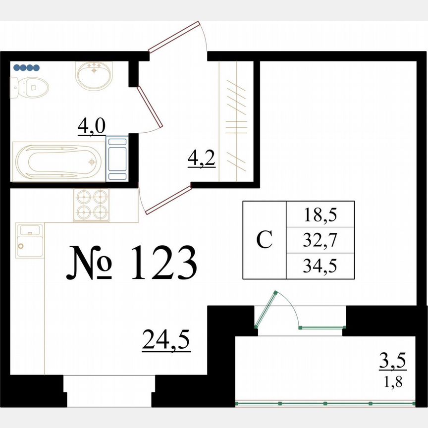 Квартира-студия, 34,5 м², 7/8 эт.