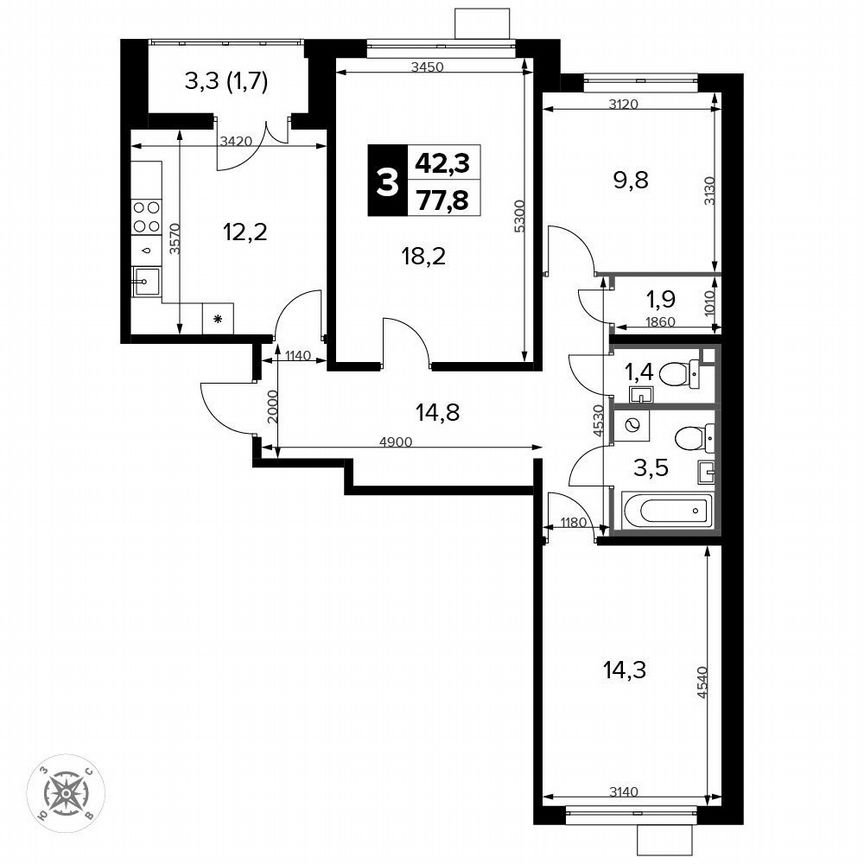 3-к. квартира, 77,8 м², 12/14 эт.