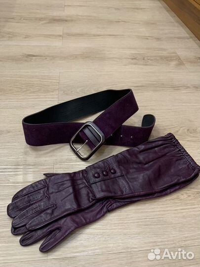 Ремень и перчатки размер 6-6,5, кожа, баклажан, уд