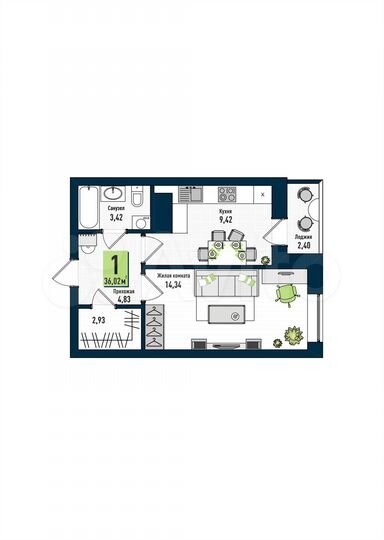 1-к. квартира, 36 м², 9/17 эт.