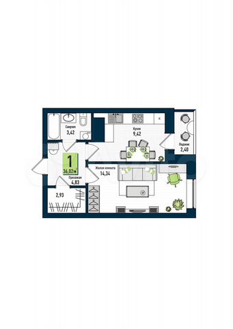 1-к. квартира, 36 м², 9/17 эт.