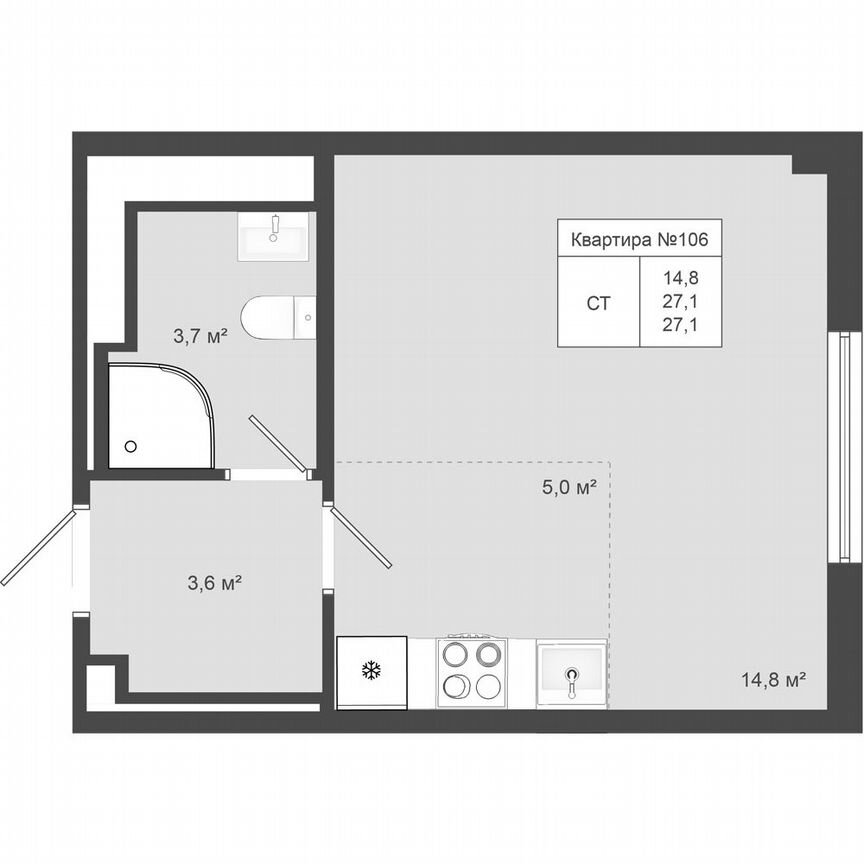 Квартира-студия, 27,1 м², 3/4 эт.