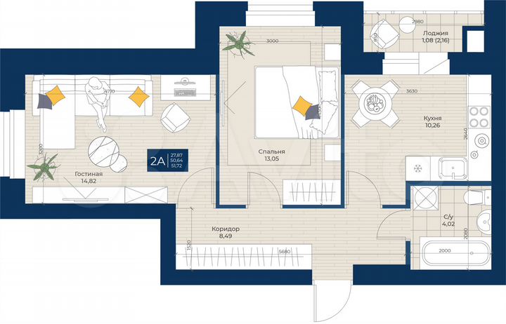 2-к. квартира, 51,7 м², 1/5 эт.