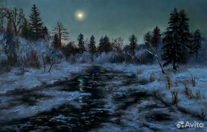 Картина маслом Лунная ночь Деревенский пейзаж