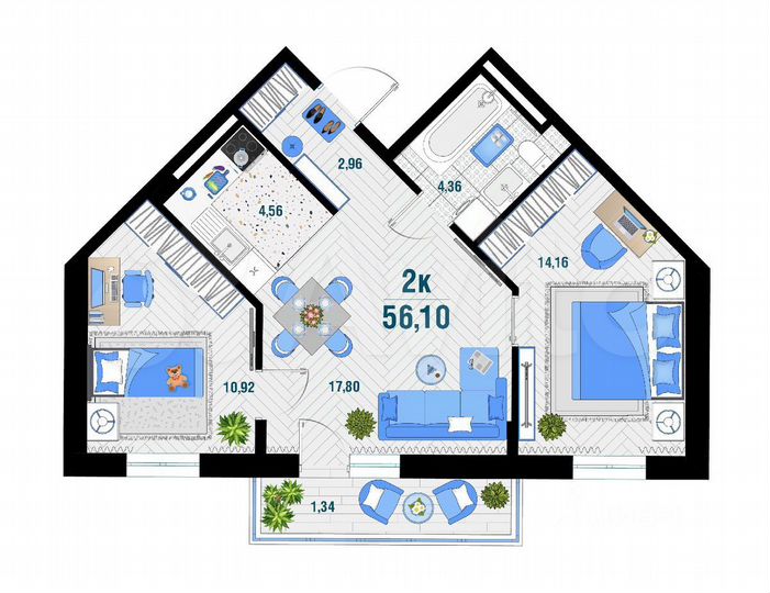 2-к. квартира, 56,1 м², 3/12 эт.