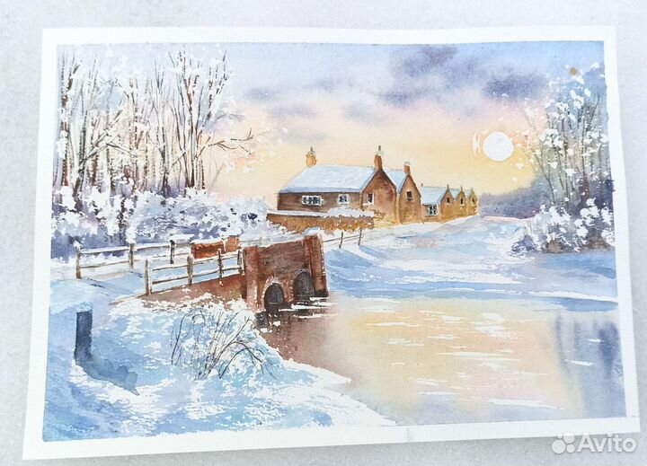 Картина акварелью Зимний пейзаж