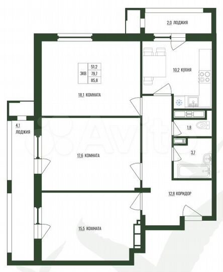 3-к. квартира, 85,8 м², 18/18 эт.