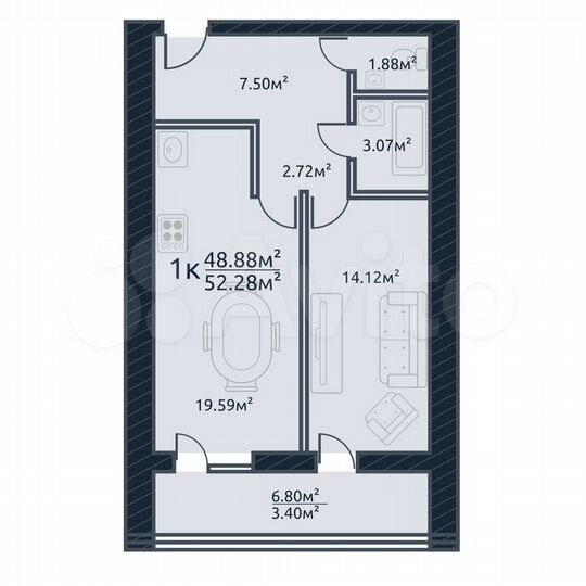 1-к. квартира, 52,3 м², 8/10 эт.