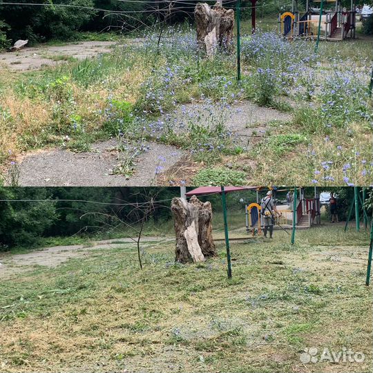 Покос травы триммером, спил кустарников