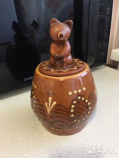 Глиняный горшочек СССР с крышкой в форме медведя