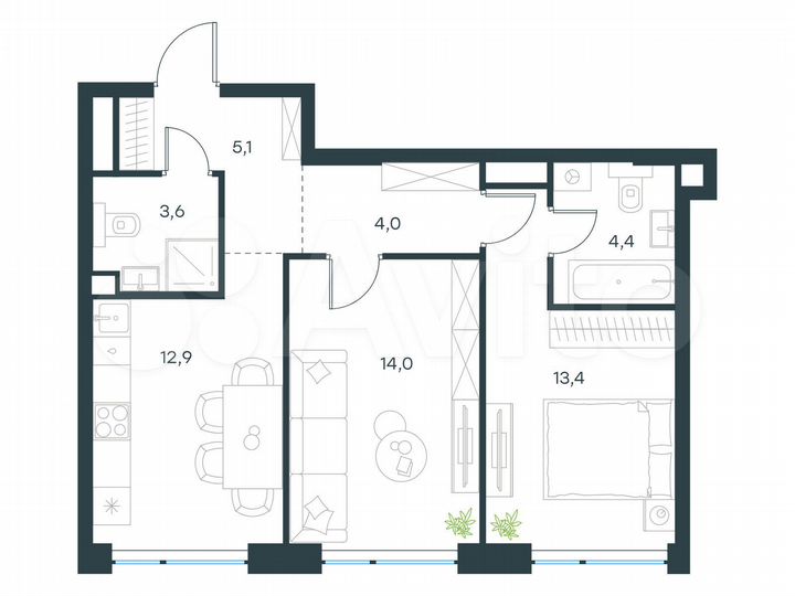 2-к. квартира, 57,4 м², 13/42 эт.