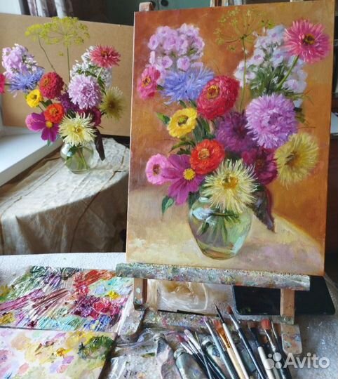 Картина с цветами маслом. Астры, циннии, флоксы