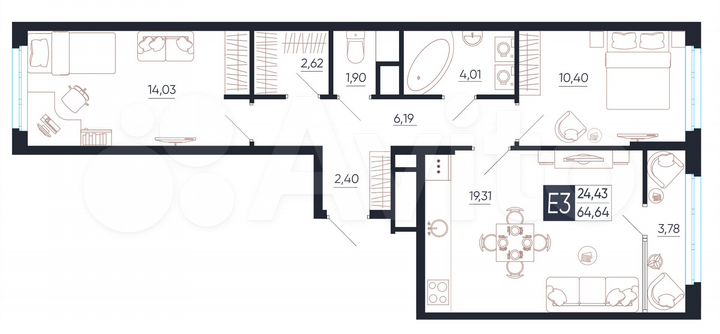 3-к. квартира, 64,6 м², 10/25 эт.