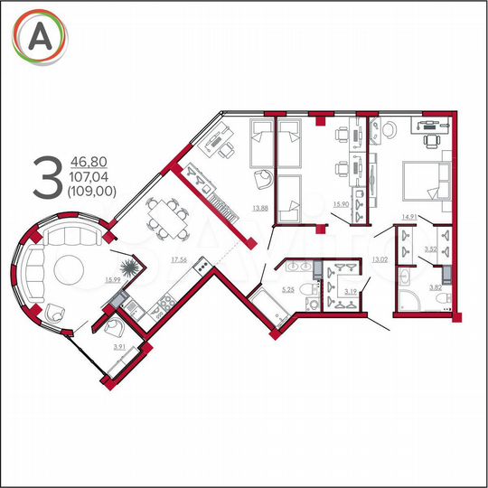3-к. квартира, 109 м², 5/18 эт.