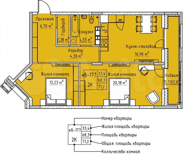 2-к. квартира, 71,2 м², 2/12 эт.