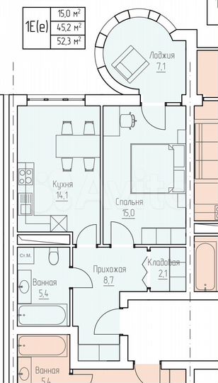 1-к. квартира, 52,3 м², 5/10 эт.